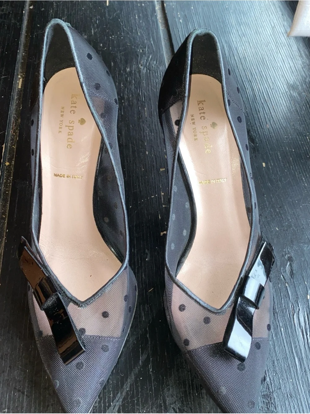 kate spade Black Sheer Polka Dot Pointed-Toe Flats with Patent Bow